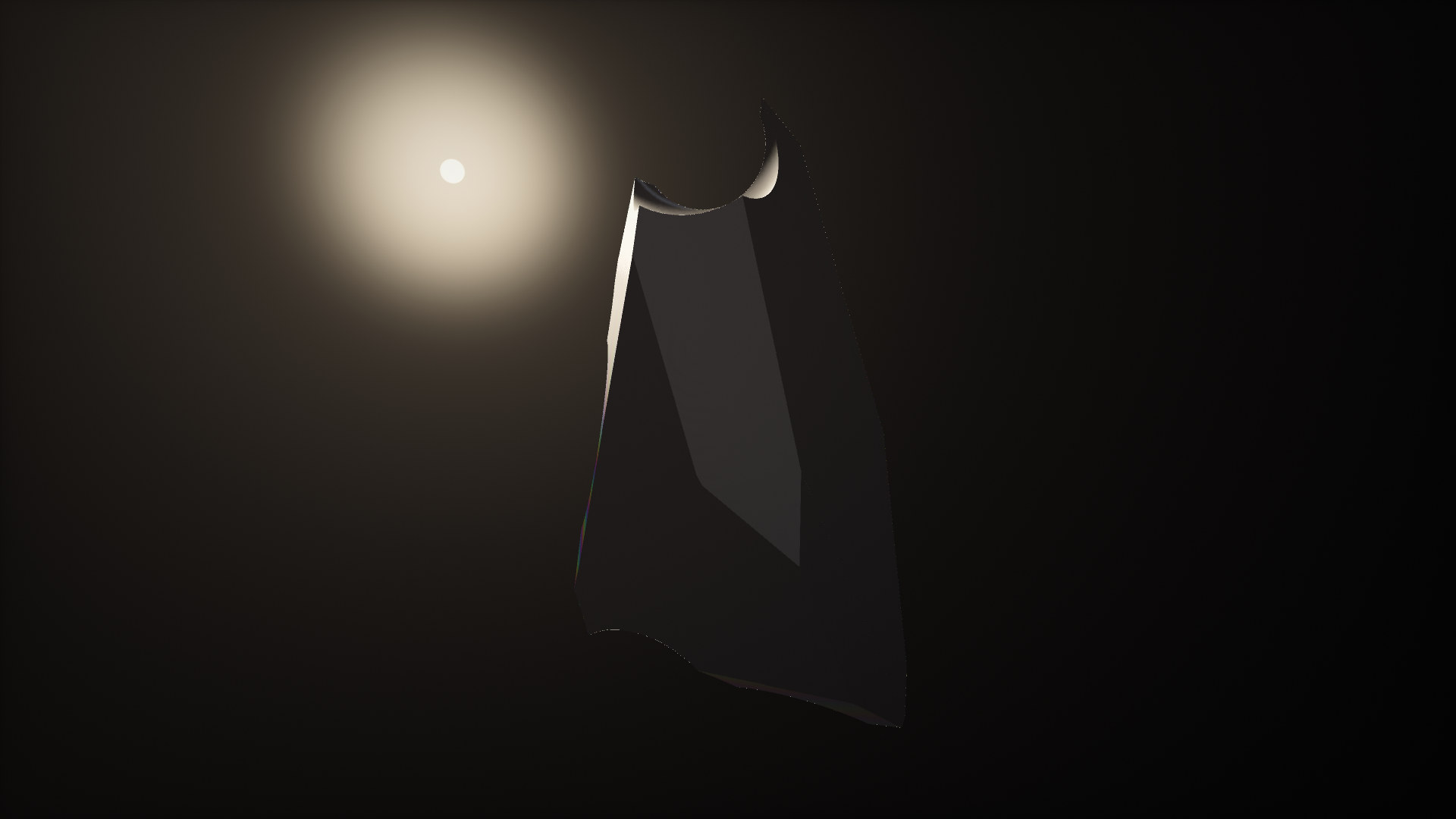 A tall faceted block of black volcanic glass floating in darkness, a single distant light above it.
