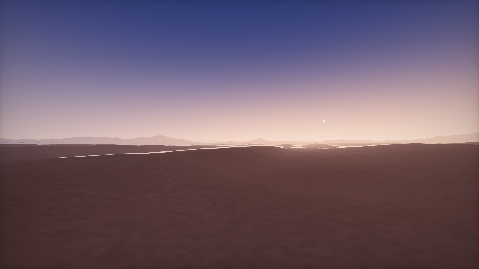A vast sky at blue hour over a dark plain of low dunes, distant volcanic ranges on the horizon.