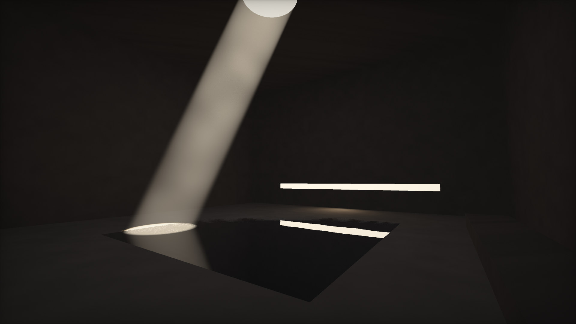 A dark square room with a brim-full black pool, a beam from a round oculus striking the water, a thin window slot of desert beyond.