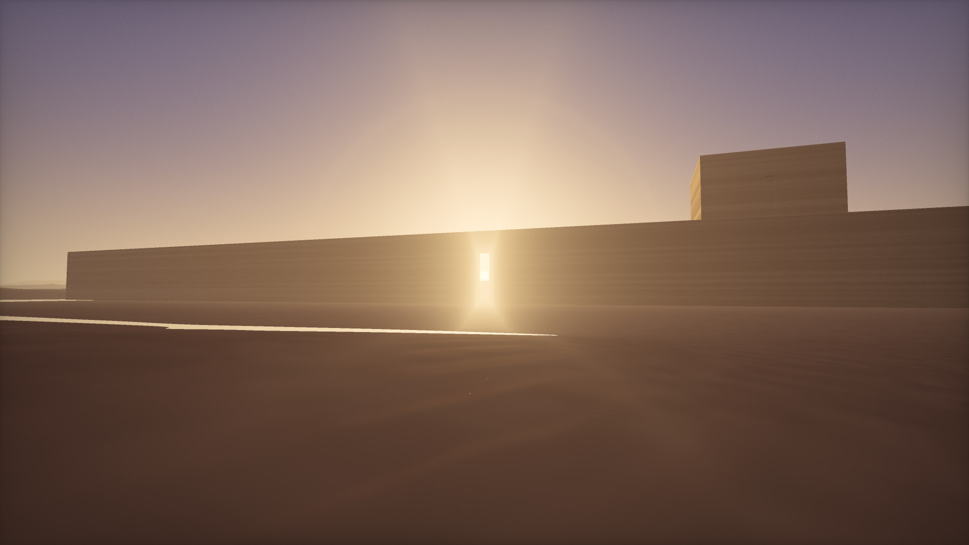 The sun rising exactly in the narrow door of the long wall, a shaft of gold running across the shadowed sand toward the viewer.