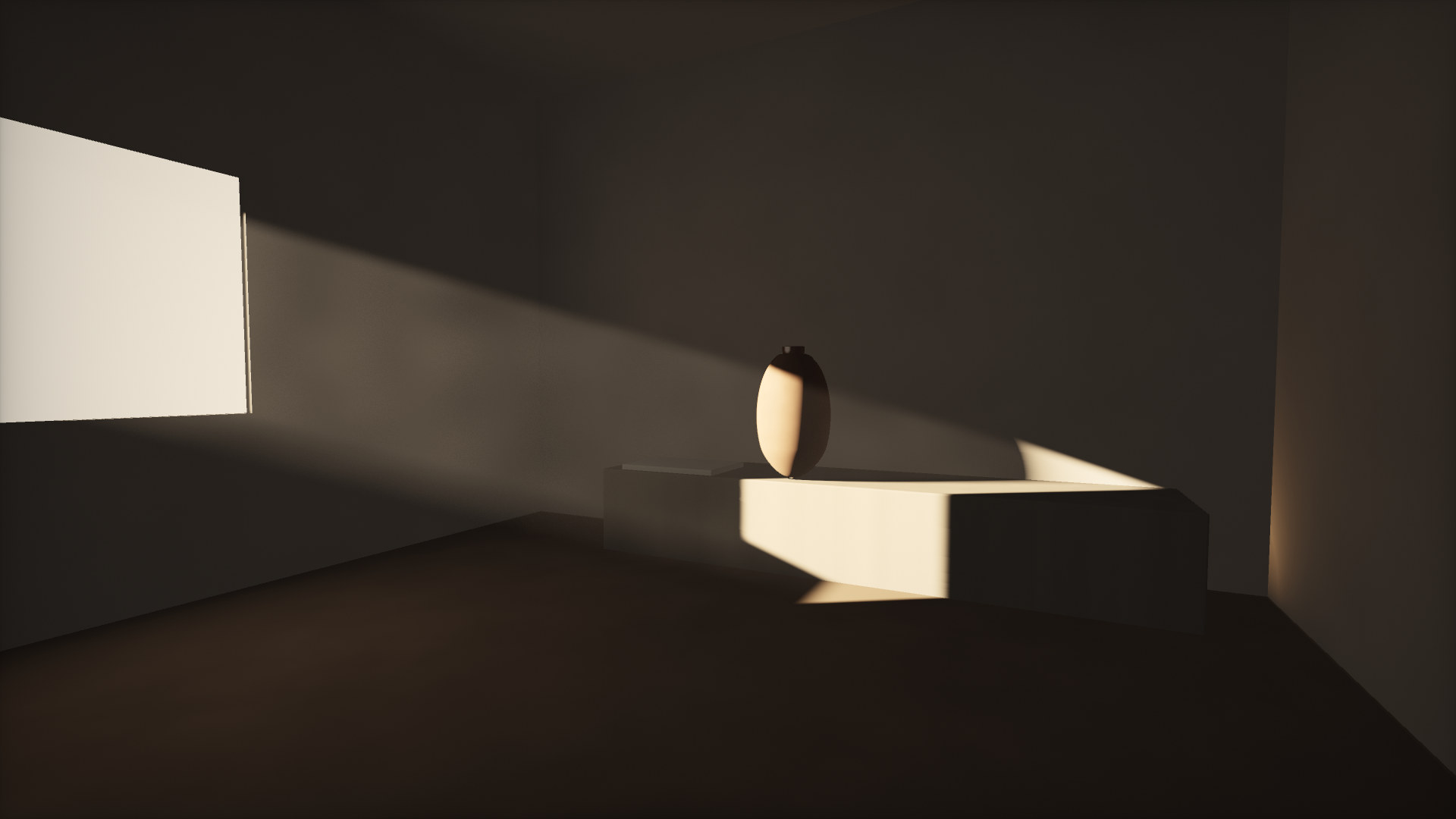 The temple room: plastered earth walls, a deep window, morning sun across a stone ledge and a single clay vessel.