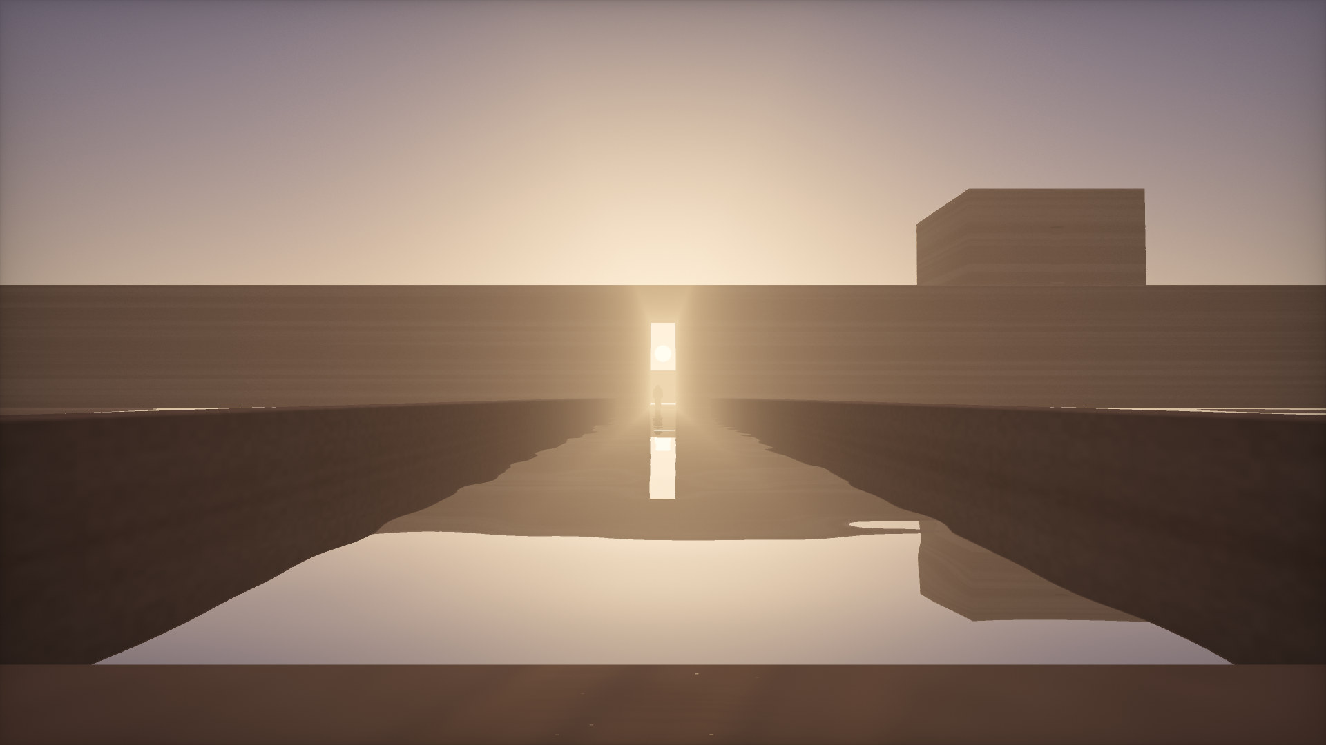 A long reflecting pool leading to the lit door in the wall, one small figure standing at its far end.