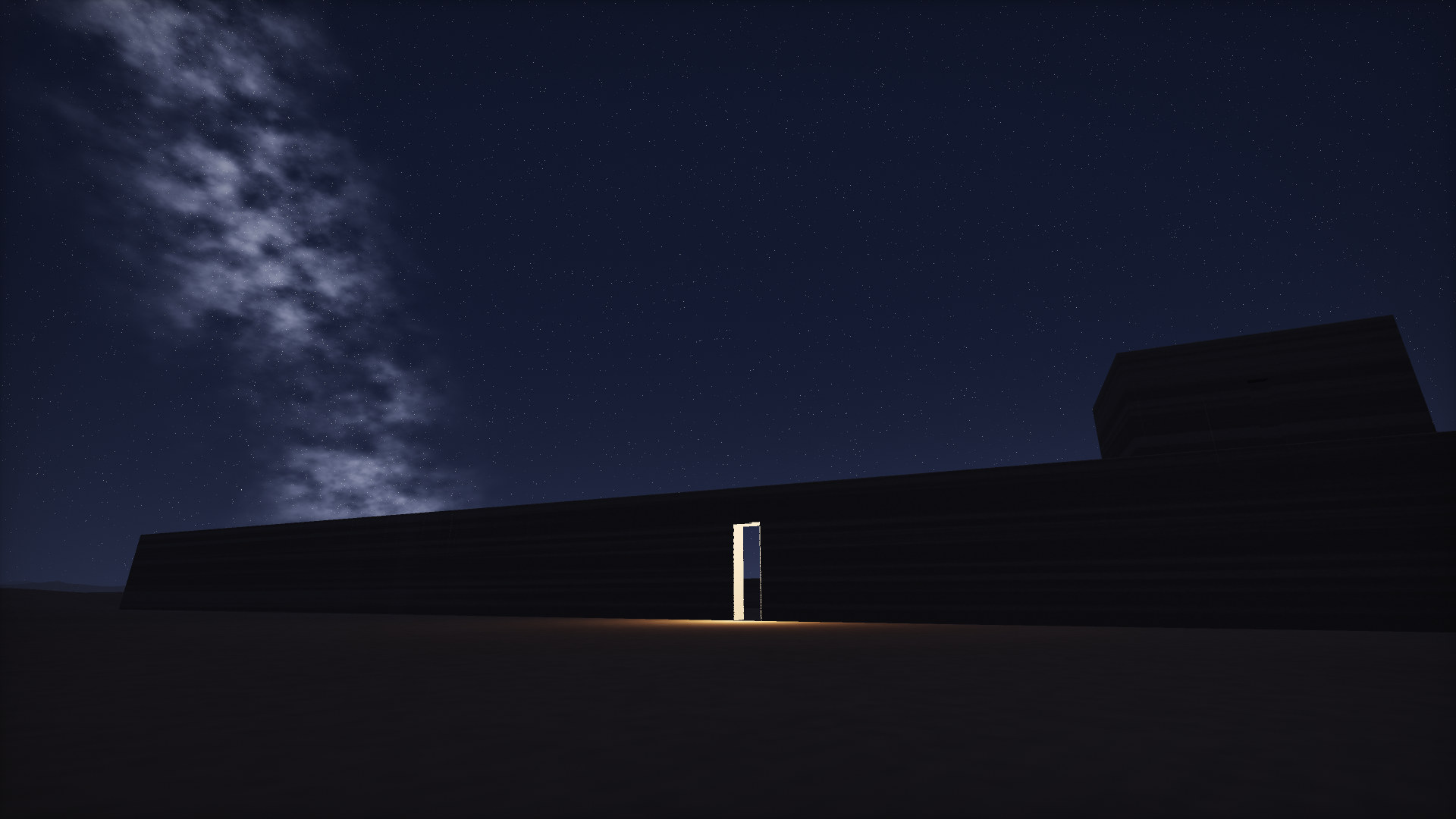 The Milky Way over the dark silhouette of the house, its narrow door glowing warm.