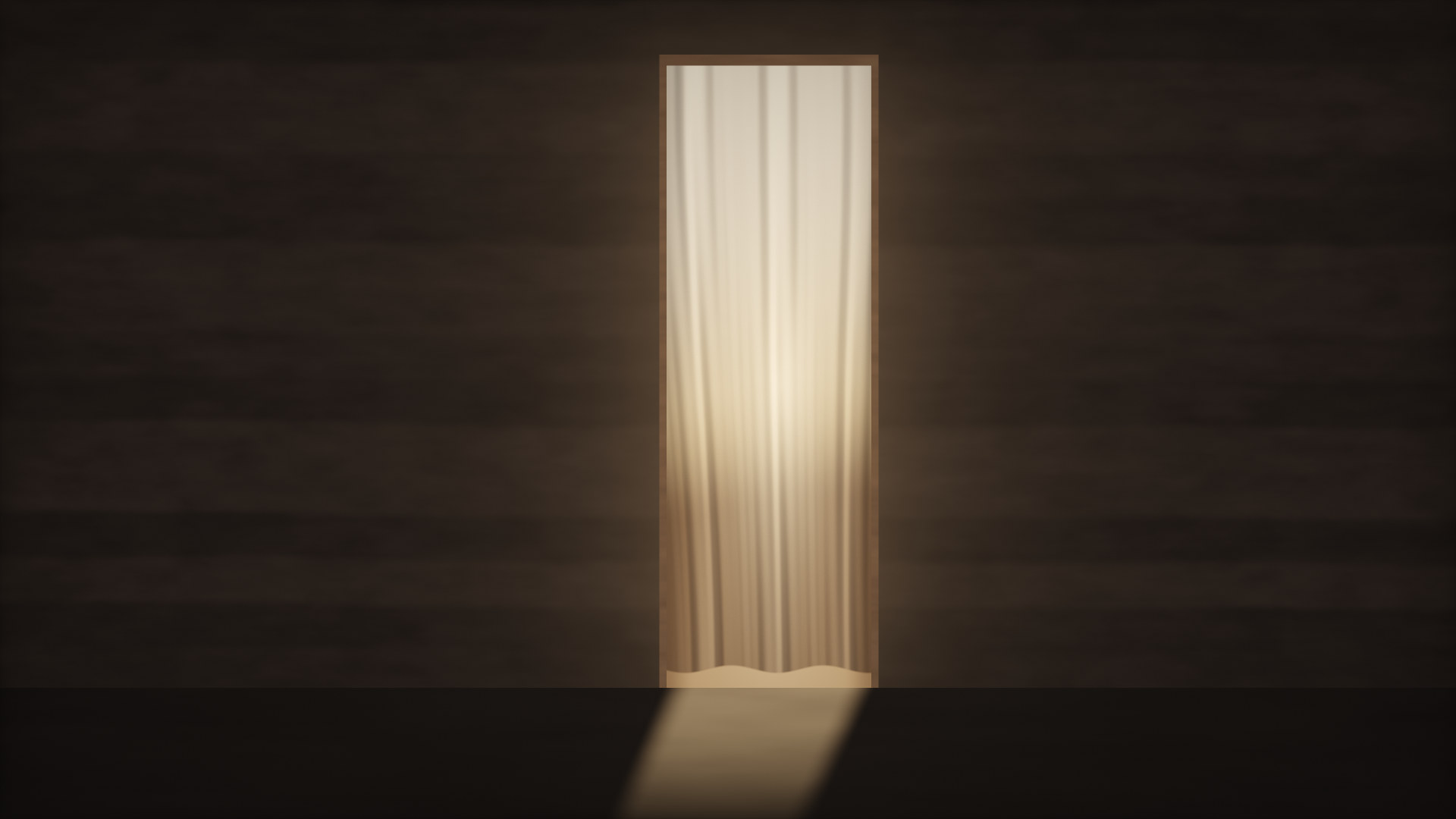 A tall doorway in a dark earthen wall, closed by a linen veil glowing gold with the dawn behind it; light slips under the hem onto the floor.