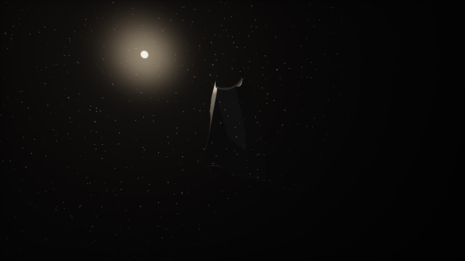 Near-total darkness: a distant warm light and the faint edge of a black stone, dust drifting through the glow.